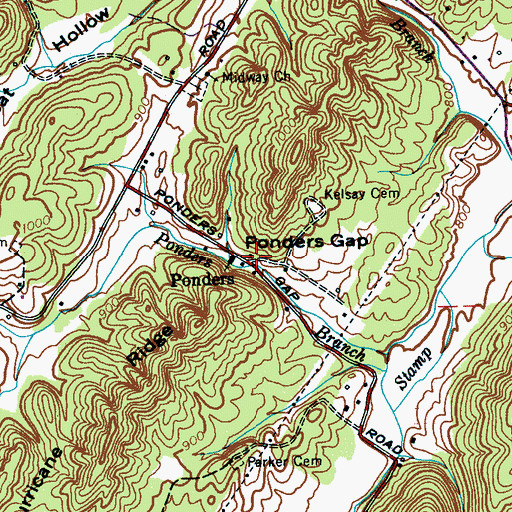 Topographic Map of Ponders, TN