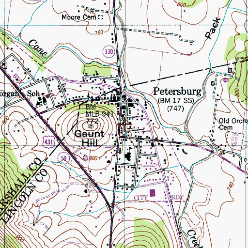 Topographic Map of Petersburg Church of Christ, TN