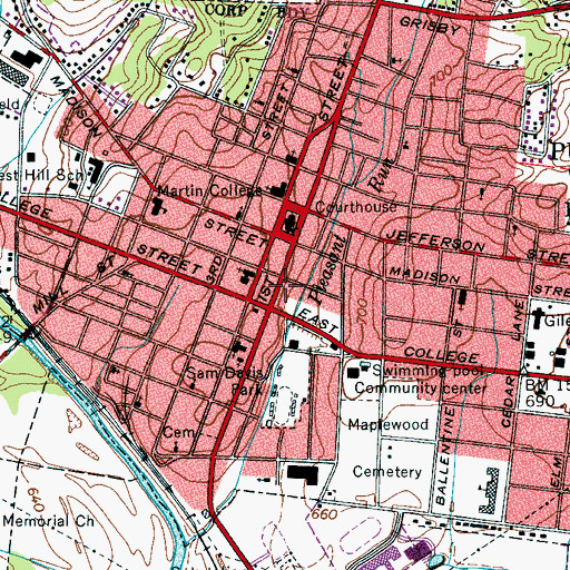Topographic Map of Pulaski City Hall, TN