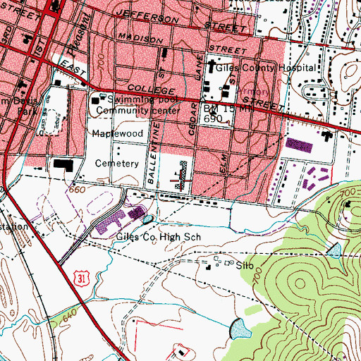 Topographic Map of Pulaski Elementary School, TN