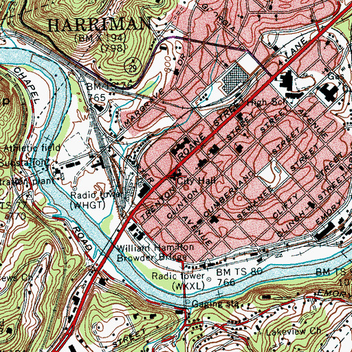 Topographic Map of Harriman City Hall, TN