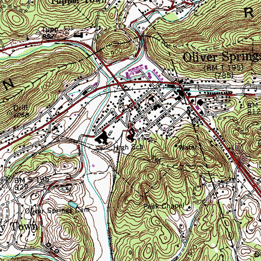 Topographic Map of Oliver Springs Elementary School, TN