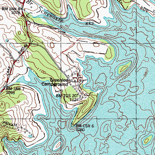 Topographic Map of Greenlee Campground, TN