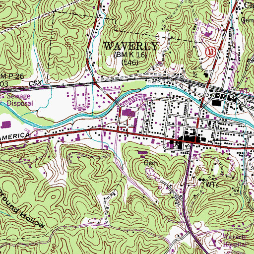Topographic Map of Waverly Plaza Shopping Center, TN