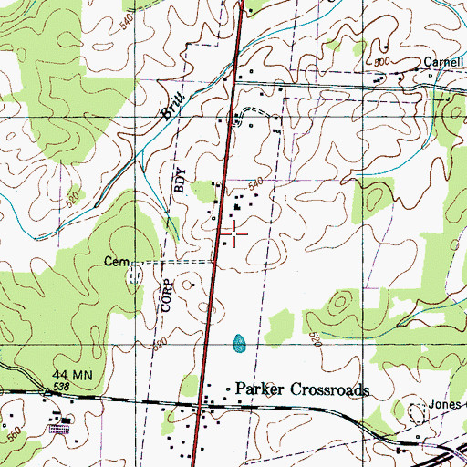 Topographic Map of Parker Crossroads School (historical), TN