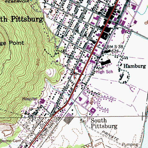 Topographic Map of South Pittsburg Primitive Baptist Church, TN