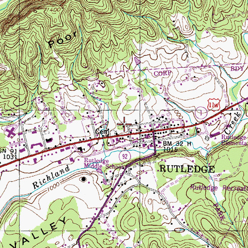 Topographic Map of Rutledge Presbyterian Church, TN