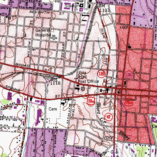 Topographic Map of Cookeville City Hall, TN