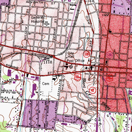 Topographic Map of Cookeville First Baptist Church, TN