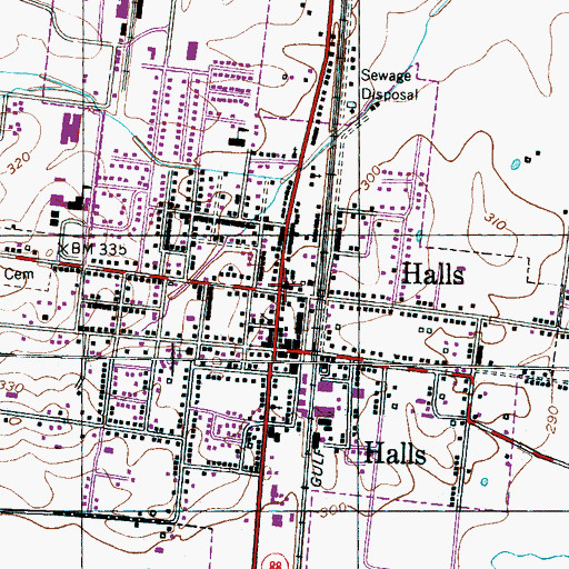 Topographic Map of Halls First Baptist Church, TN