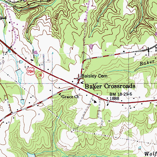 Topographic Map of Bakers Crossroads Freewill Baptist Church, TN