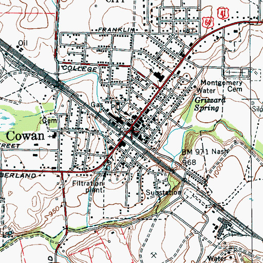 Topographic Map of Cowan City Hall, TN