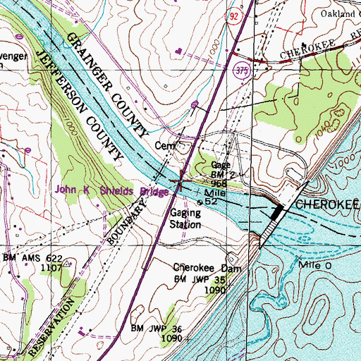 Topographic Map of John K Shields Bridge, TN
