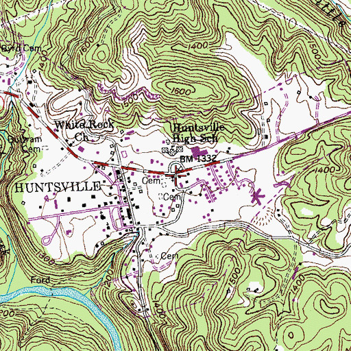 Topographic Map of Huntsville First Baptist Church, TN