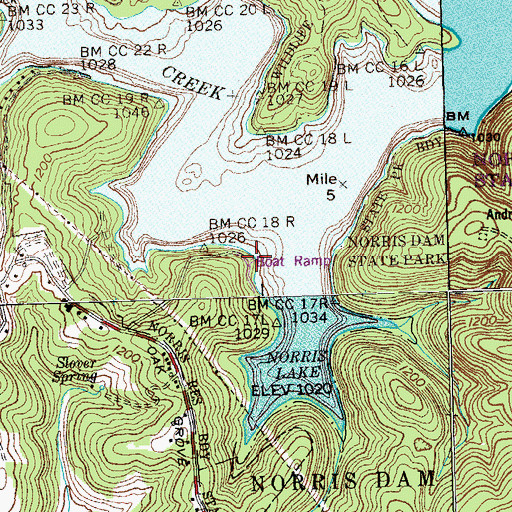 Topographic Map of Cove Creek Boat Ramp, TN