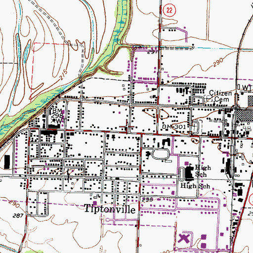 Topographic Map of Tiptonville First Baptist Church, TN