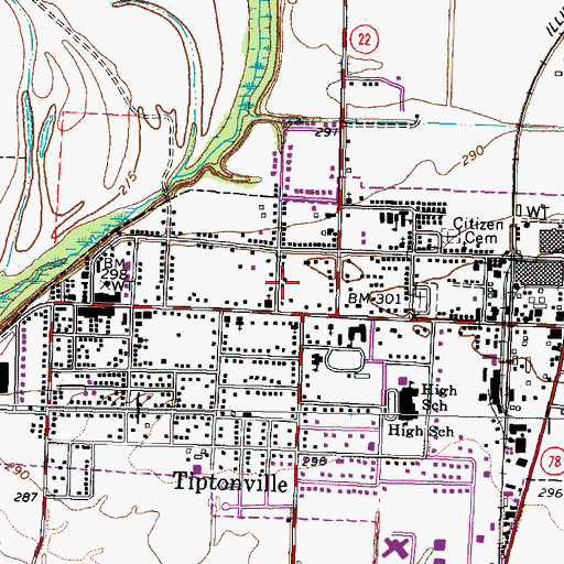 Topographic Map of Tiptonville Public Library, TN