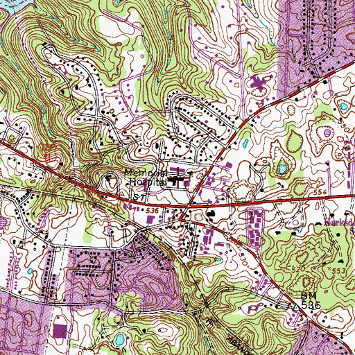 Topographic Map of Memorial Hospital, TN