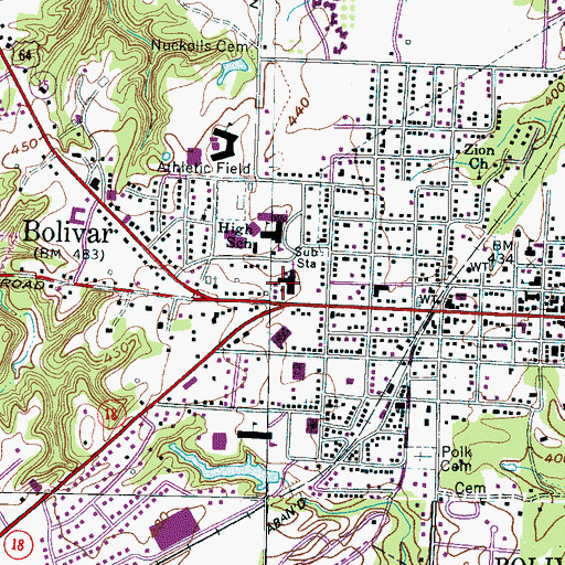 Topographic Map of Bolivar First Baptist Church, TN