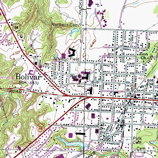 Topographic Map of Central High School, TN