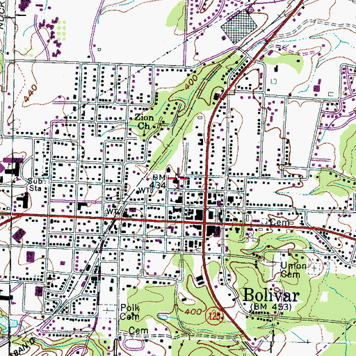 Topographic Map of Hardeman County Library, TN