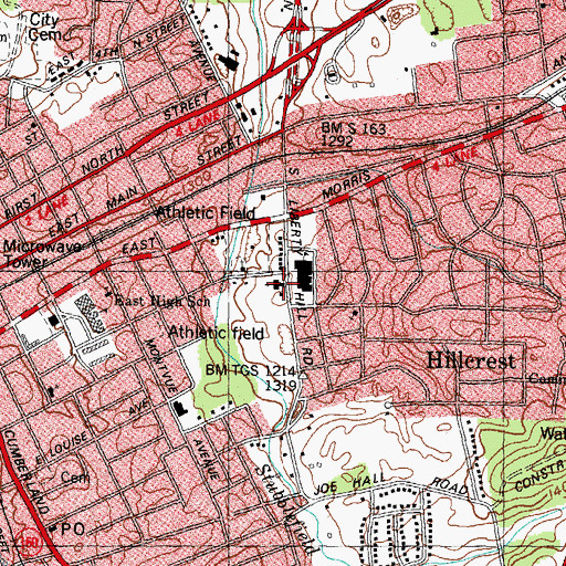 Topographic Map of Hillcrest Baptist Church, TN