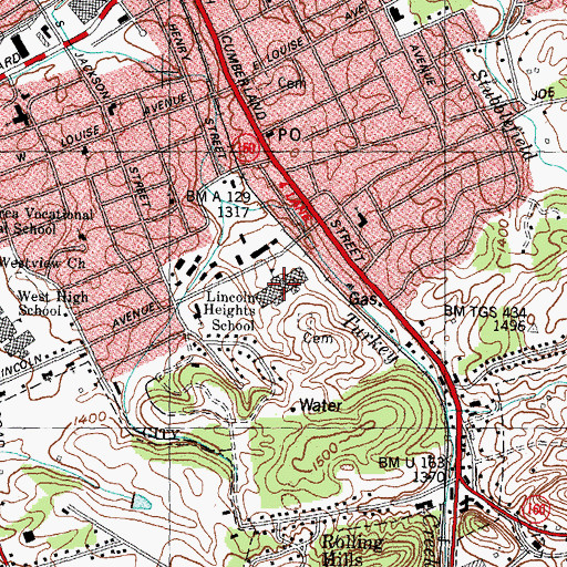 Topographic Map of Lincoln Heights School, TN