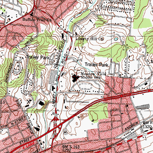 Topographic Map of Meadow View Midddle School, TN