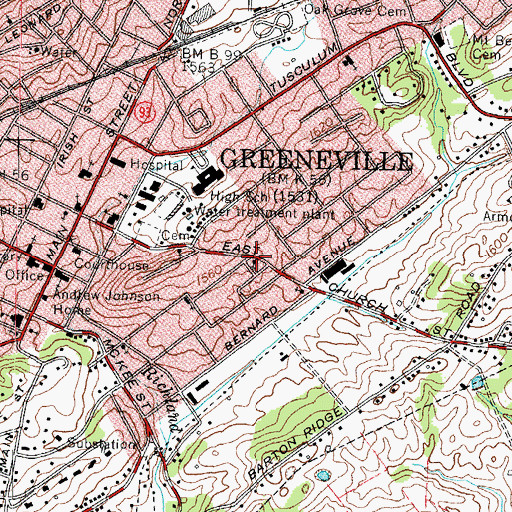 Topographic Map of Greeneville First Freewill Baptist Church, TN