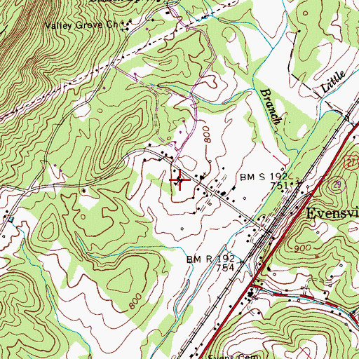 Topographic Map of Evensville Elementary School, TN