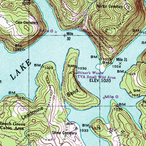 Topographic Map of Stiners Woods TVA Small Wild Area, TN