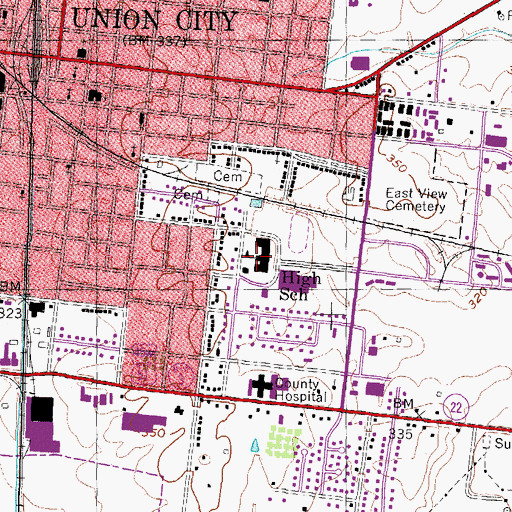 Topographic Map of Union City High School, TN