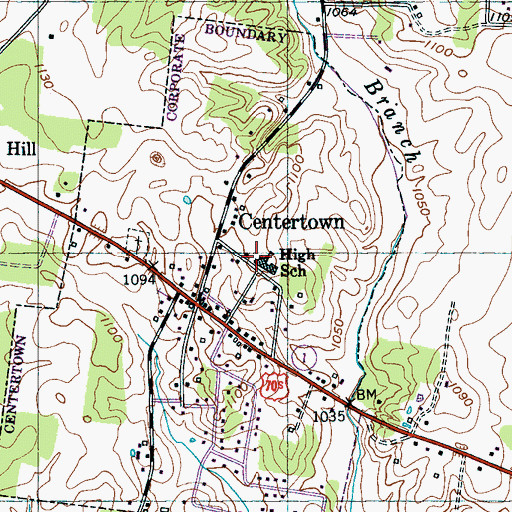 Topographic Map of Centertown High School (historical), TN