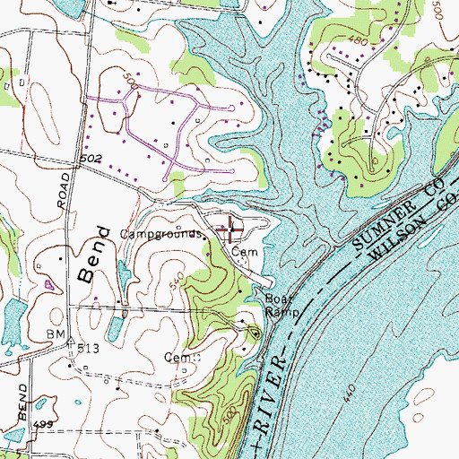 Topographic Map of Cages Bend Recreation Area, TN