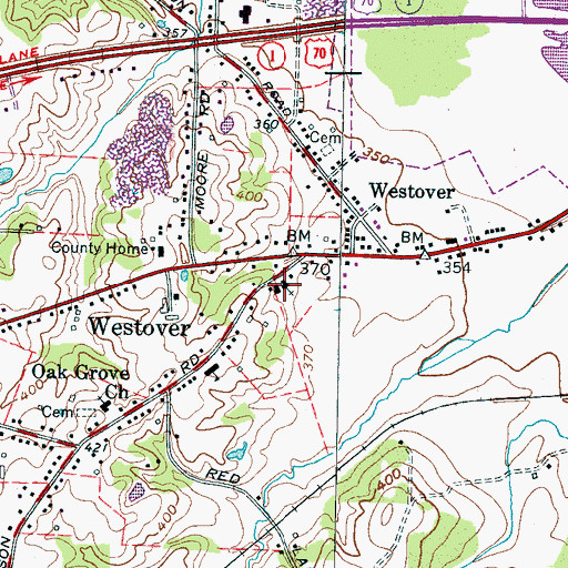 Topographic Map of Westover Baptist Church, TN