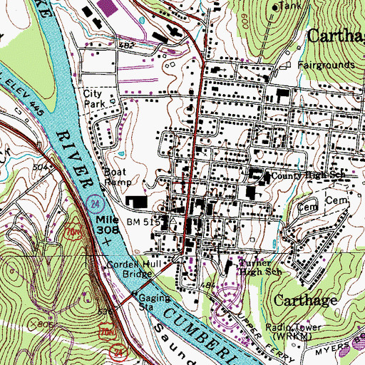Topographic Map of Carthage First Baptist Church, TN