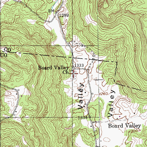 Topographic Map of Board Valley Cemetery, TN