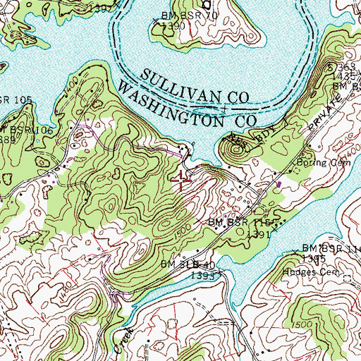 Topographic Map of Friday Cemetery, TN