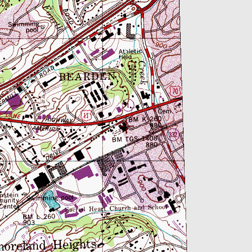 Topographic Map of Central Baptist Church of Bearden, TN