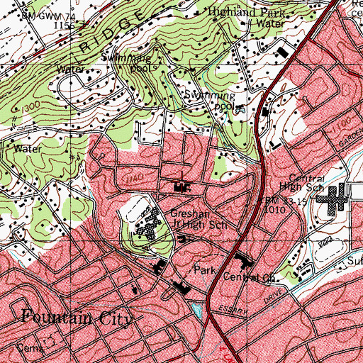 Topographic Map of Fountain City Elementary School, TN