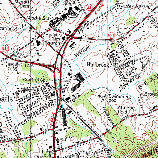 Topographic Map of Halls Plaza Shopping Center, TN