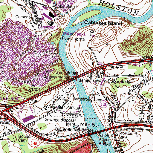 Topographic Map of Ruggles Ferry Bridge (historical), TN