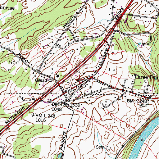 Topographic Map of Three Points Baptist Church, TN