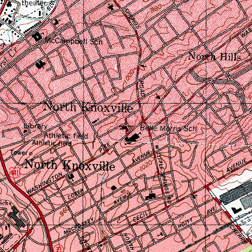 Topographic Map of Washington Pike United Methodist Church, TN