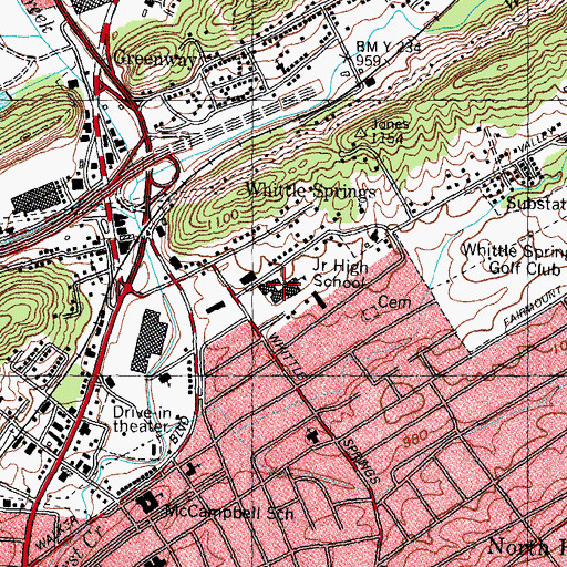 Topographic Map of Whittle Springs Middle School, TN
