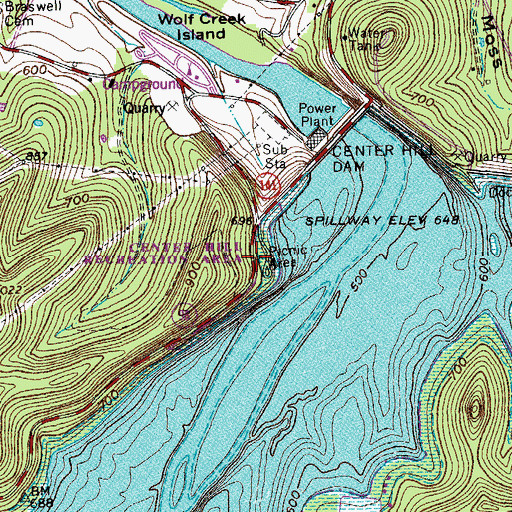 Topographic Map of Center Hill Recreation Area, TN