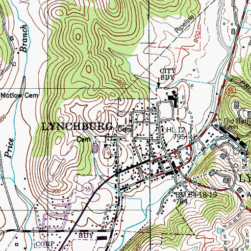 Topographic Map of Lynchburg City Cemetery, TN