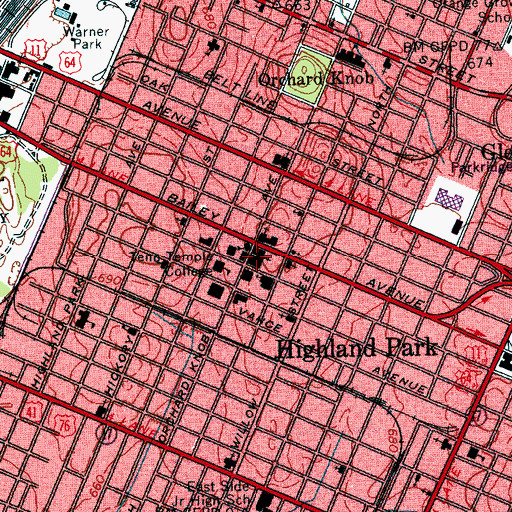 Topographic Map of Highland Park Baptist Church, TN