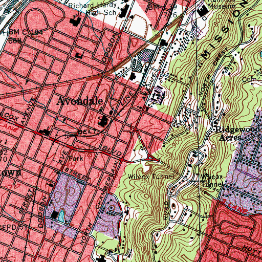 Topographic Map of Pilgrimrest Baptist Church, TN