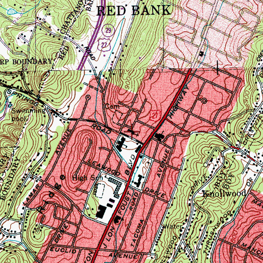 Topographic Map of Red Bank Cumberland Presbyterian Church, TN